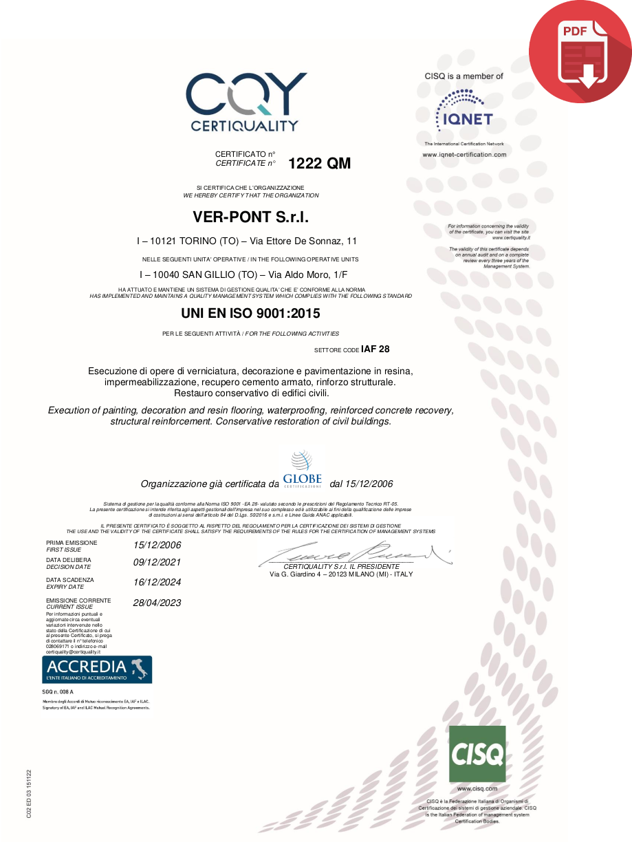 Certificato sistema di gestione per la qualità UNI EN ISO 9001:2015